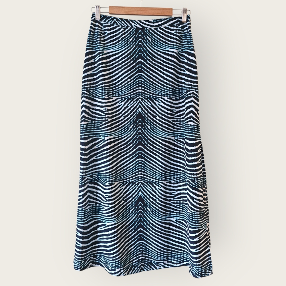 Michael Kors Wave Print Side Slit Maxi Skirt, Real Navy EUC